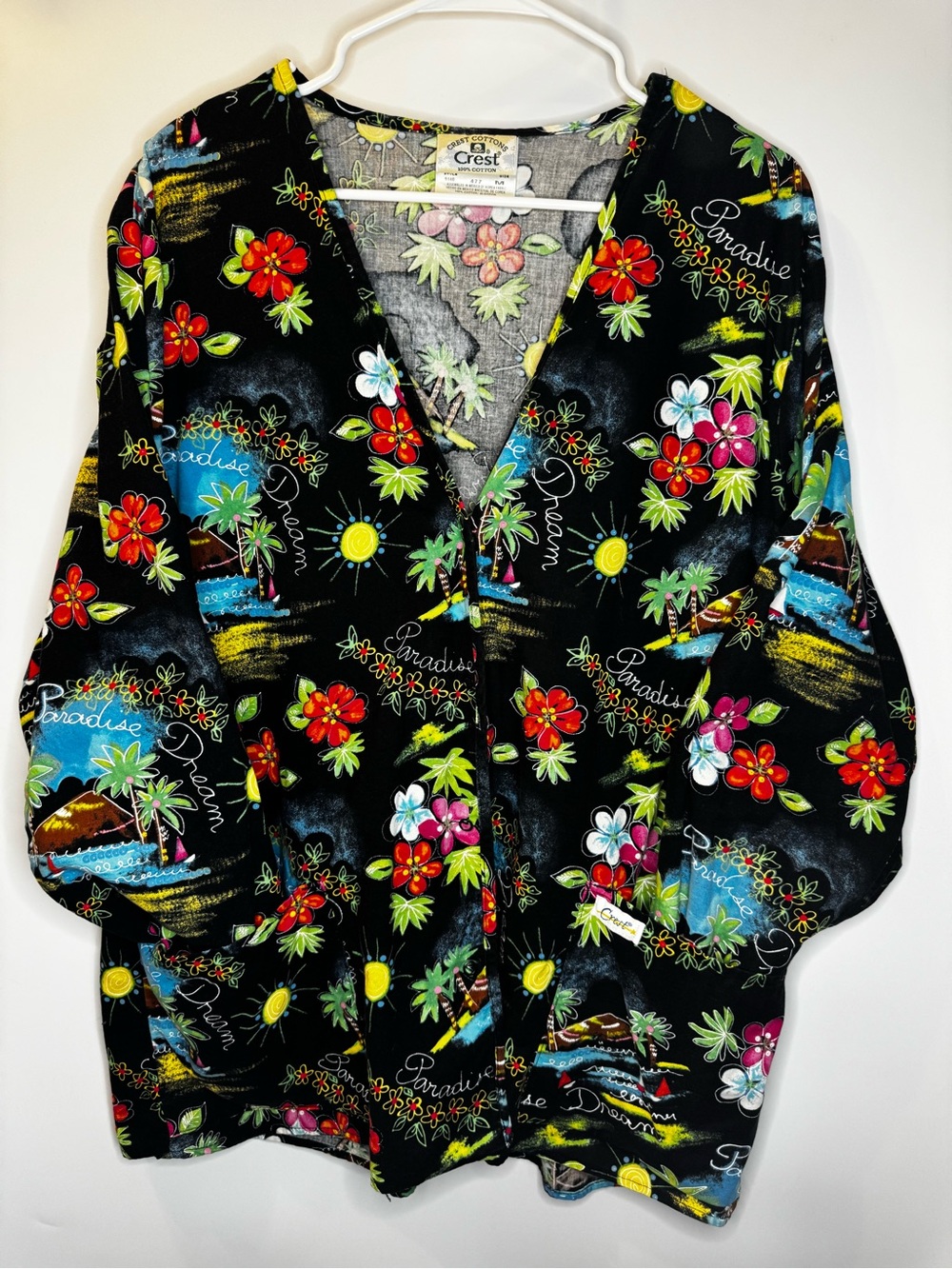 Crest Black Tropical Floral Button-Front Scrub Coat with Bright Prints